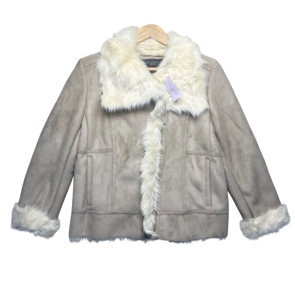 Ann Taylor Petite Faux Suede Shearling Fur Trim Jacket Taupe LP NEW $278